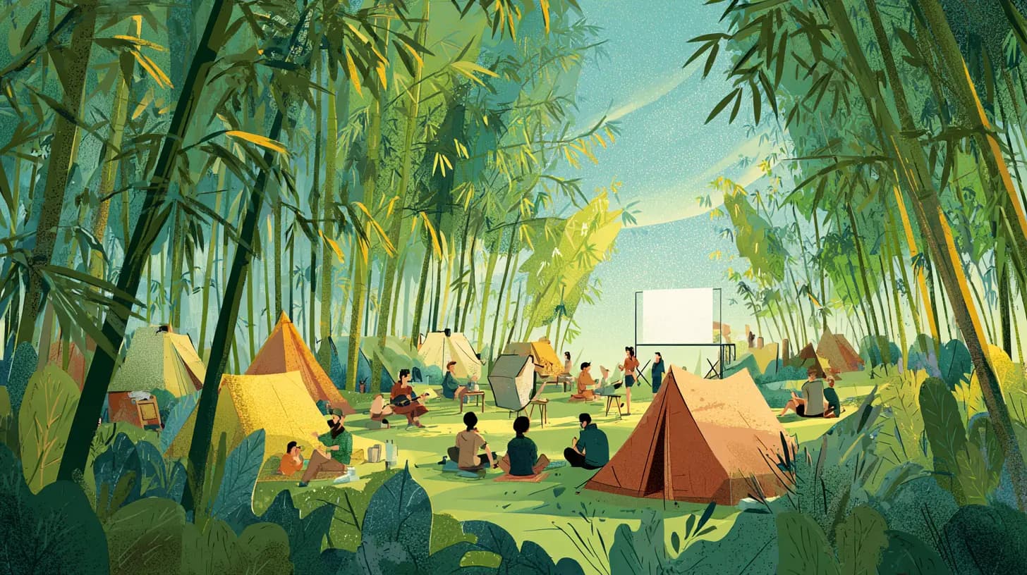 Illustrated summer camp scene with tents among bamboo trees