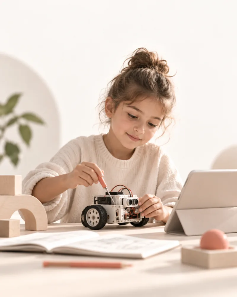 A girl adjusting a robot she is building, a tablet open beside her