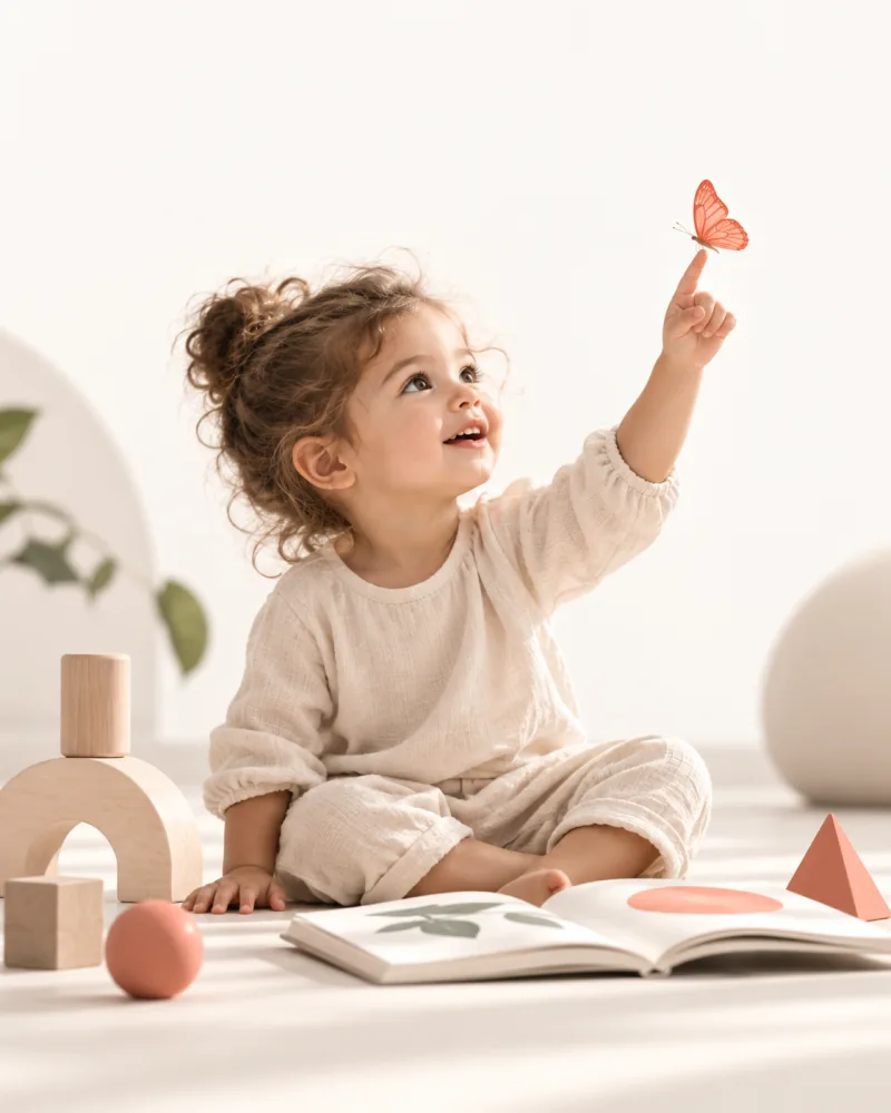 A toddler watching a butterfly settle on her fingertip