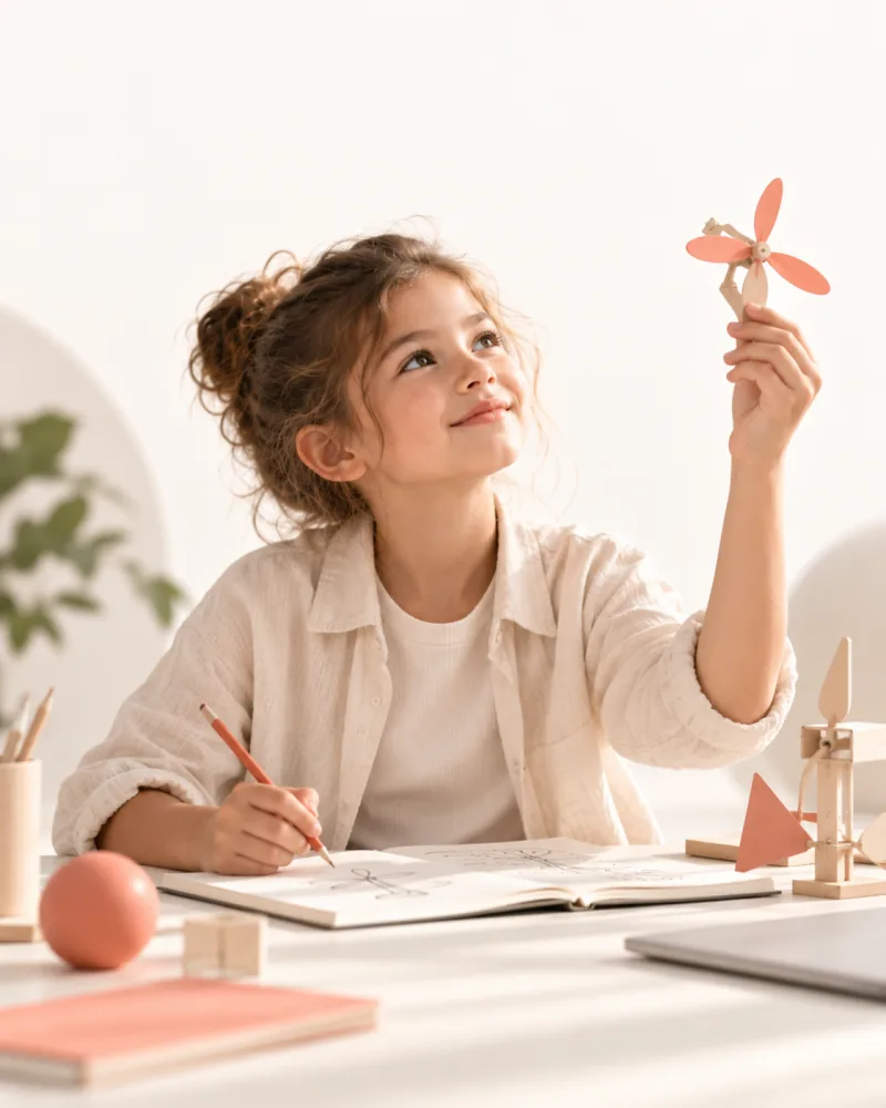 A girl studying a propeller she has built, her drawings open in front of her