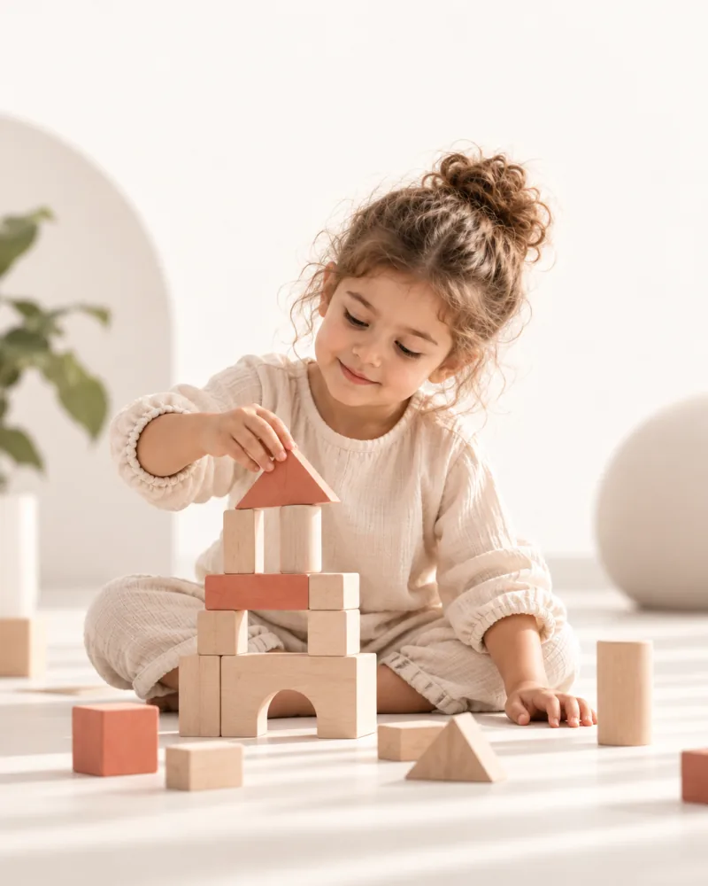 A young child balancing a wooden arch and blocks into a tower